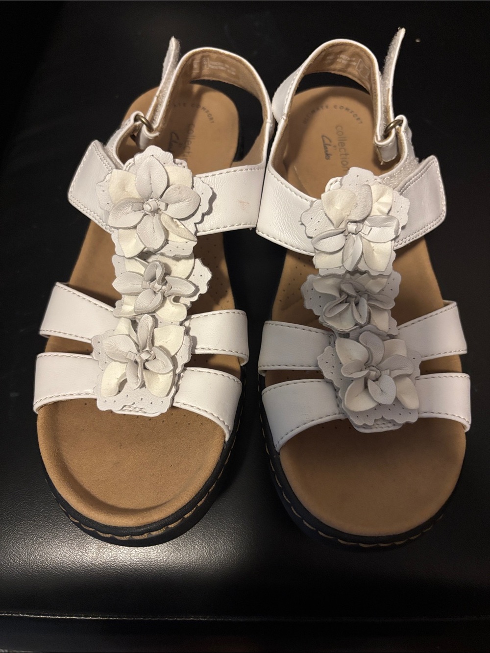 Clarks White Floral T-Strap Womens Sandals